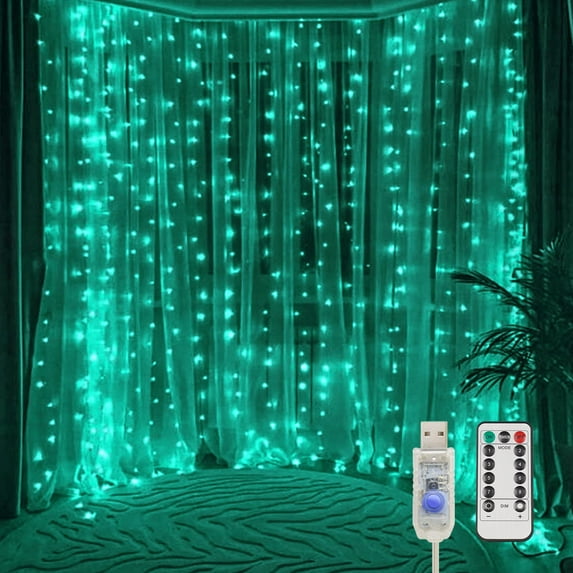 YUNOVA Teal Curtain Lights, 200 LED Remote String Lights with 8 Modes Timer, USB Powered for Indoor Outdoor, Wedding, Party Decor