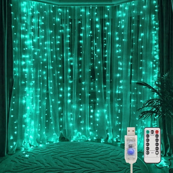 YUNOVA Teal Curtain Lights, 200 LED Remote String Lights with 8 Modes Timer, USB Powered for Indoor Outdoor, Wedding, Party Decor