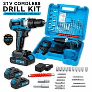 YUNXI 21V Blue Cordless Drill Set   A drill/driver delivering 60 N m of peak torque, featuring multiple rechargeable lithium batteries, a flexible extension shaft, a comprehensive set of drill bits a