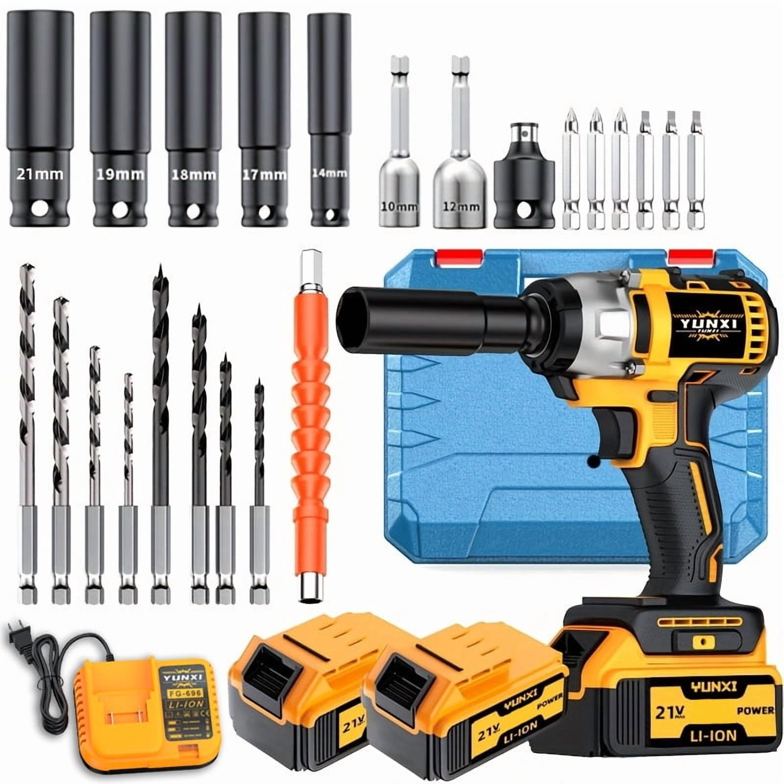 YUNXI 21V Brushless Cordless Impact Wrench & Drill Combo Kit, 1/2" High Torque Power Tool with 2×4.0Ah Batteries, Full Accessories & Hard Storage Case for Car Tire Changing Home DIY