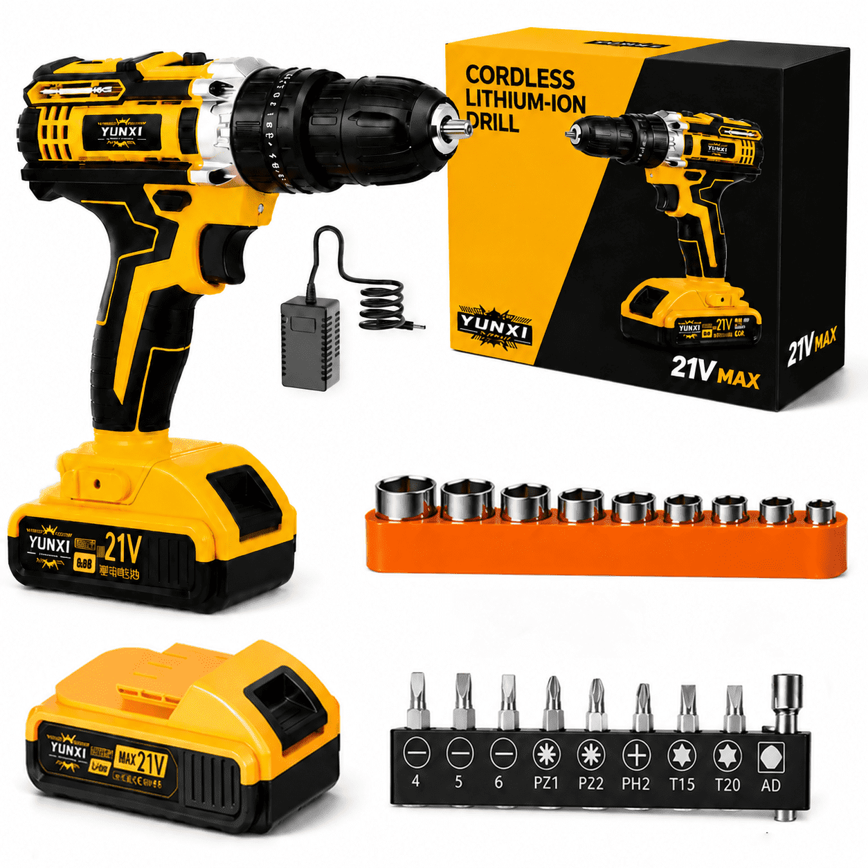 YUNXI 21V Cordless Drill Driver Kit, Power Electric Drill Set with 1 Rechargeable Lithium Batteries, Charger, Screwdriver Bits, Drill Bits for Home DIY, Furniture Assembly & Repair