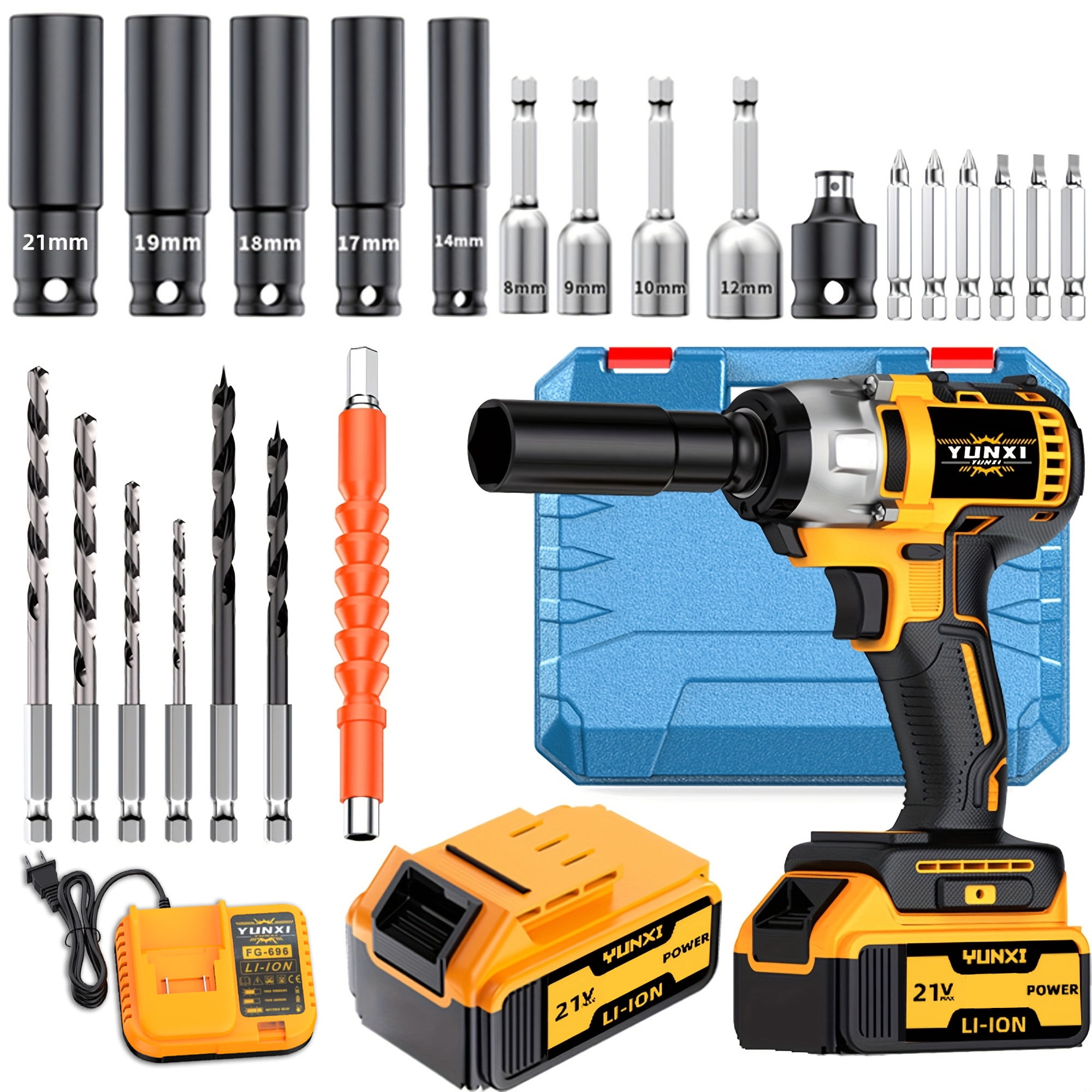 YUNXI 21V Cordless Impact Wrench, 1/2" Brushless Impact Gun, 420N.m (310Ft-lbs) High Torque Power Wrench with 1x2.6Ah Battery, Complete Sockets & Drill Bits Kit for Car Tire Changing Home Repair