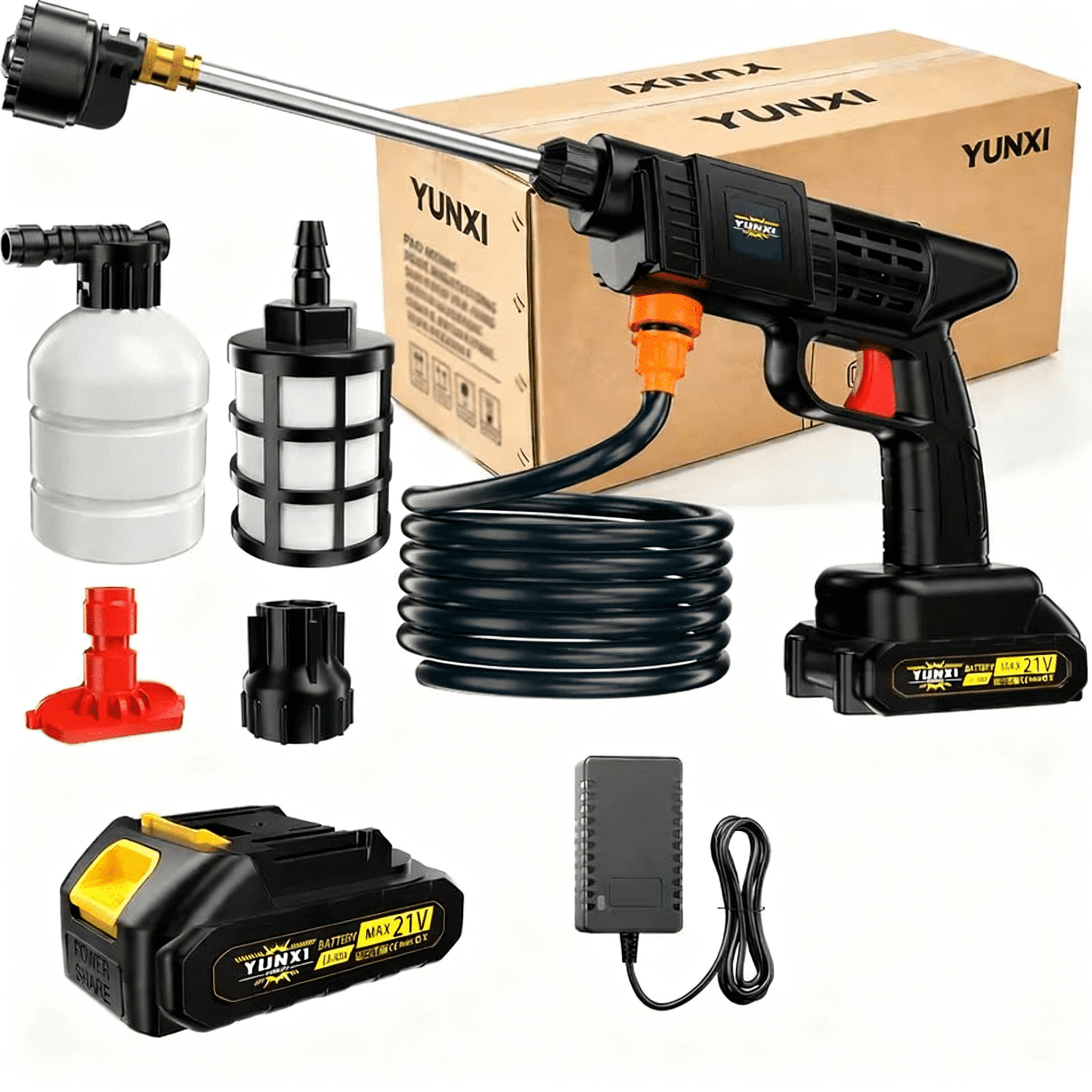 YUNXI 21V Cordless Pressure Washer, Portable Battery Powered Power Cleaner with 6-in-1 Nozzle, Foam Cannon for Car Wash Home Outdoor Cleaning