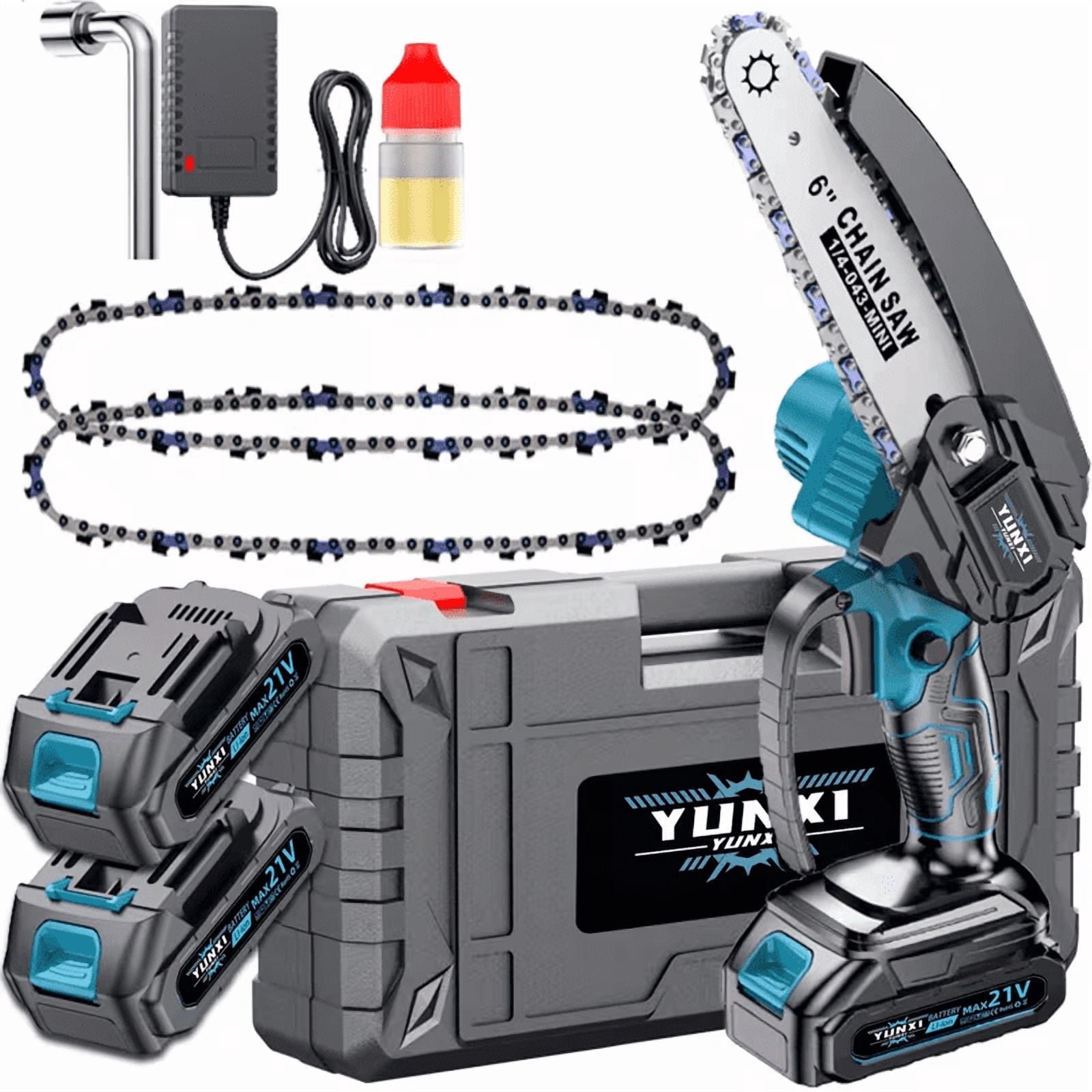 YUNXI 21V 6 inch Cordless Mini Chainsaw, Handheld Power Pruning Saw with 2 x 2000mAh Batteries, 2 Chains, Tool Box for Home DIY Tree Trimming