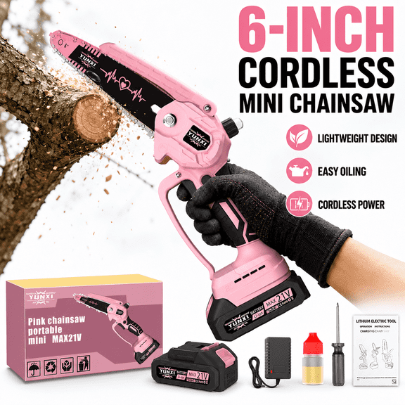 YUNXI 6-Inch Pink Cordless Mini Chainsaw, 21V Rechargeable Handheld Electric Saw for Tree Branch Pruning, Garden Trimming and Wood Cutting