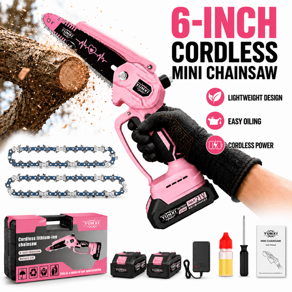 YUNXI 6-Inch Pink Cordless Mini Chainsaw Set, 21V Rechargeable Handheld Pruning Saw with Battery System and Hard Carrying Case for Yard and Garden Care