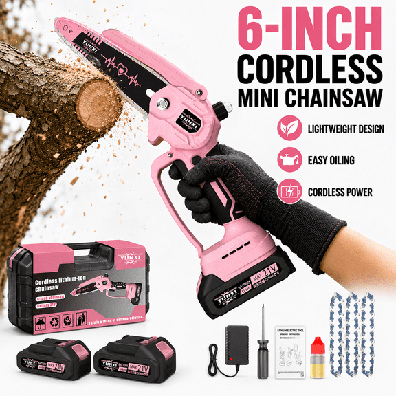 YUNXI Upgraded 6-Inch Pink Cordless Mini Chainsaw Kit, 21V Rechargeable Electric Pruning Saw with Battery Set and Protective Carrying Case for Yard Maintenance