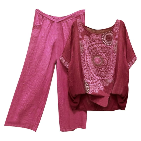 YUNZHAO 2 Piece Airport Outfit Women Print Oversize Tracksuits Crew Neck Linen Sets Loose Fit Pants Short Sleeve Tops Plus Size Elegant 4Pc Suits Workout Sport Women's 4Pc
