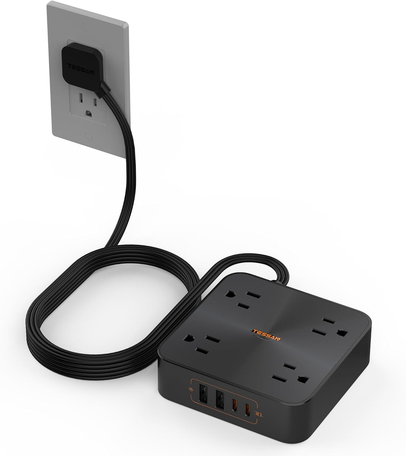 YUNZII 30W USB C Fast Charger Power Strip, 4 Outlets 4 USB Ports (2 USB C), 6FT Flat Plug, Surge Protector, Black
