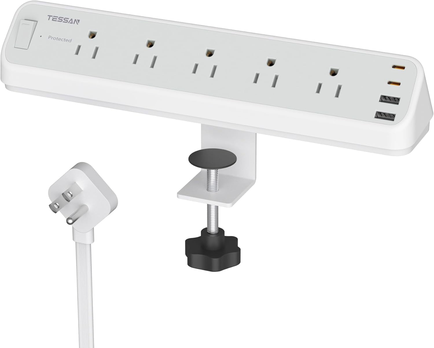 YUNZII Desk Clamp Power Strip 6FT, 2100J Surge Protector, 5 Outlets 4 USB Ports (2 USB C), Grey
