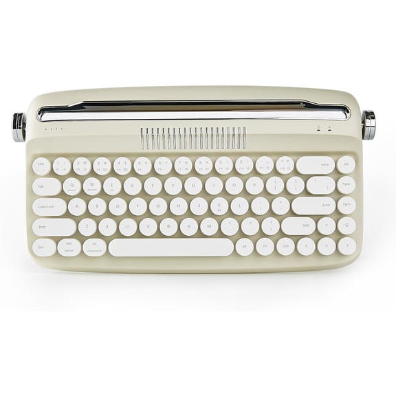 YUNZII Retro Wireless Typewriter Keyboard with Stand, USB-C/Bluetooth, Cute Round Keycaps,Stand for Table, Phone, PC and Win/Mac/Android,Beige