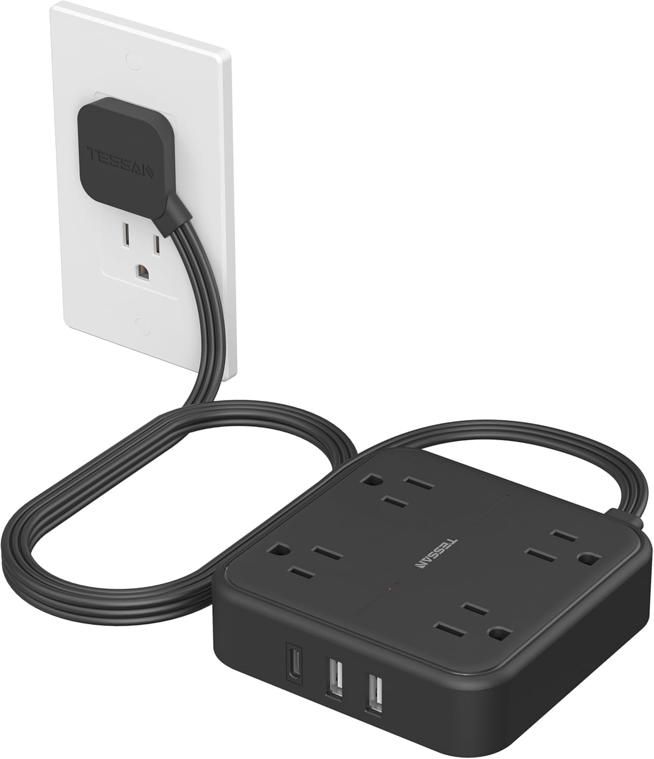 YUNZII Surge Protector Flat Extension Cord 5FT,4 Outlets 3 USB Ports, 900 Joules, Black
