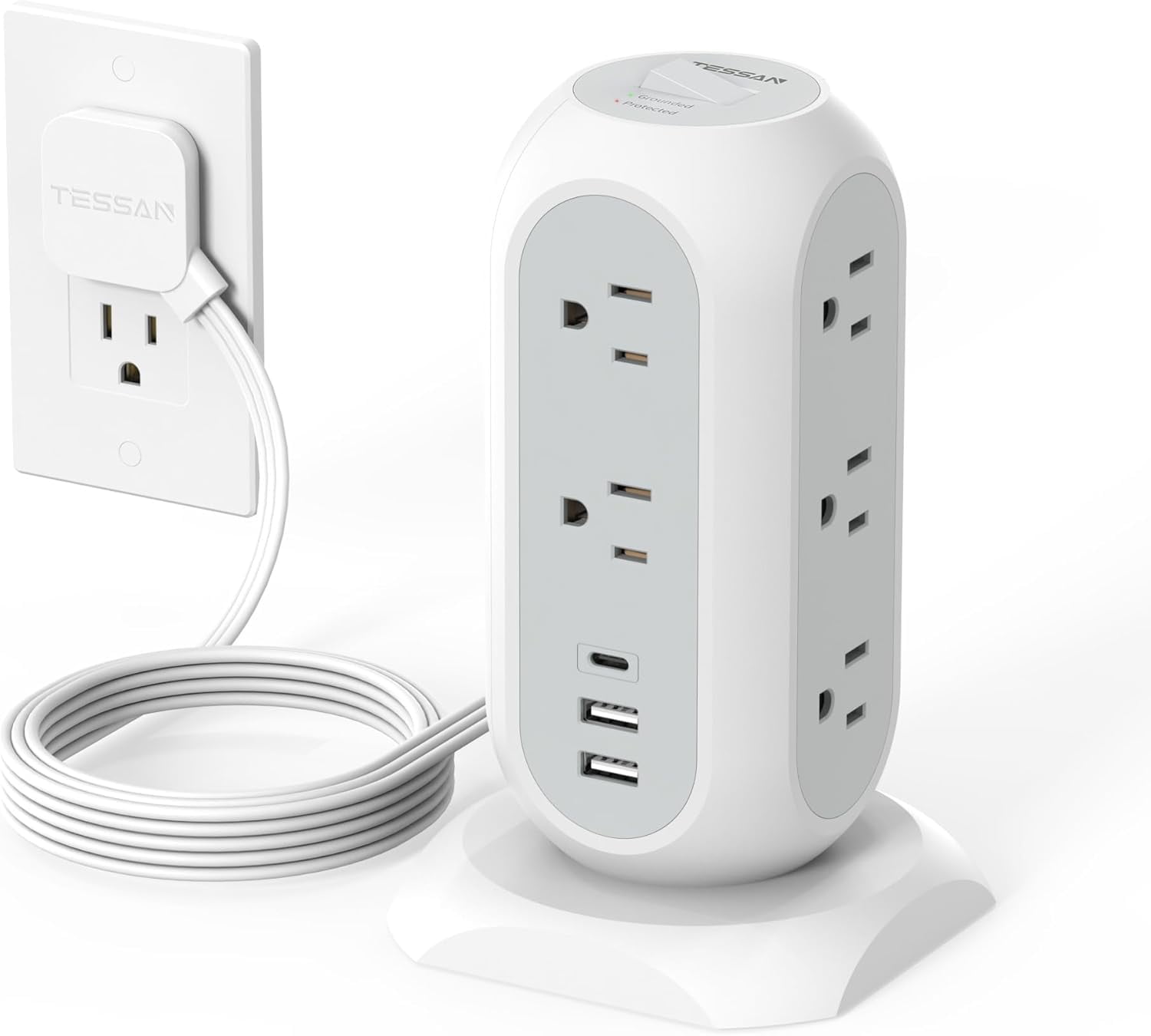 YUNZII Surge Protector Power Strip Tower, 11 Outlets 3 USB Ports (1 USB C), 6FT Flat Plug, 1050J, Black