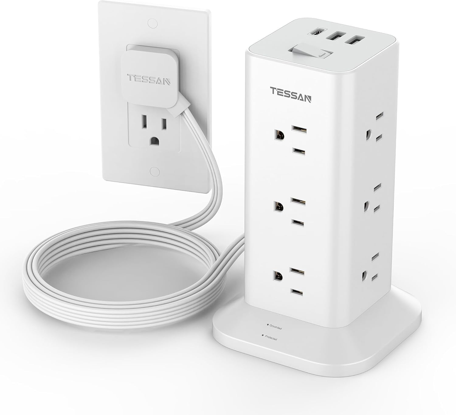 YUNZII Surge Protector Power Strip Tower, 12 Outlets 3 USB Ports (1 USB C), Flat Plug 6FT, 900J, Black