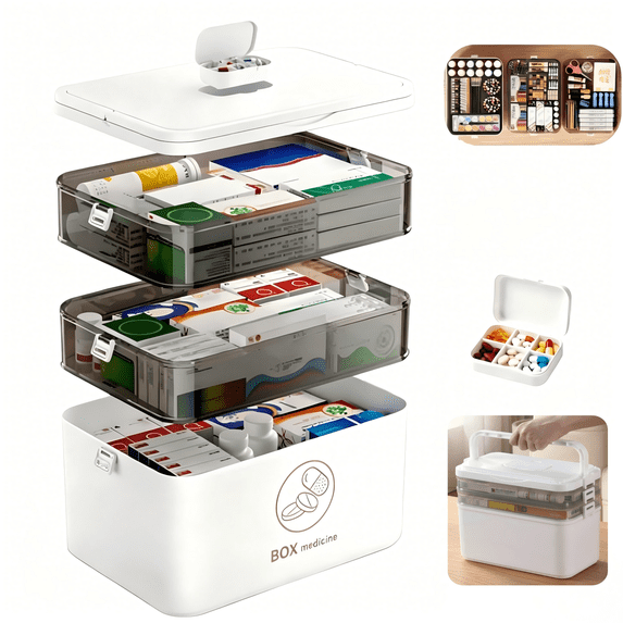 YUOFD 3-Tier Medicine Organizer Box with Pill Case , Portable Pill Case & Multipurpose Storage for Cabinet, Craft , Travel, Dorm Essentials, Empty First Aid Kit for Home
