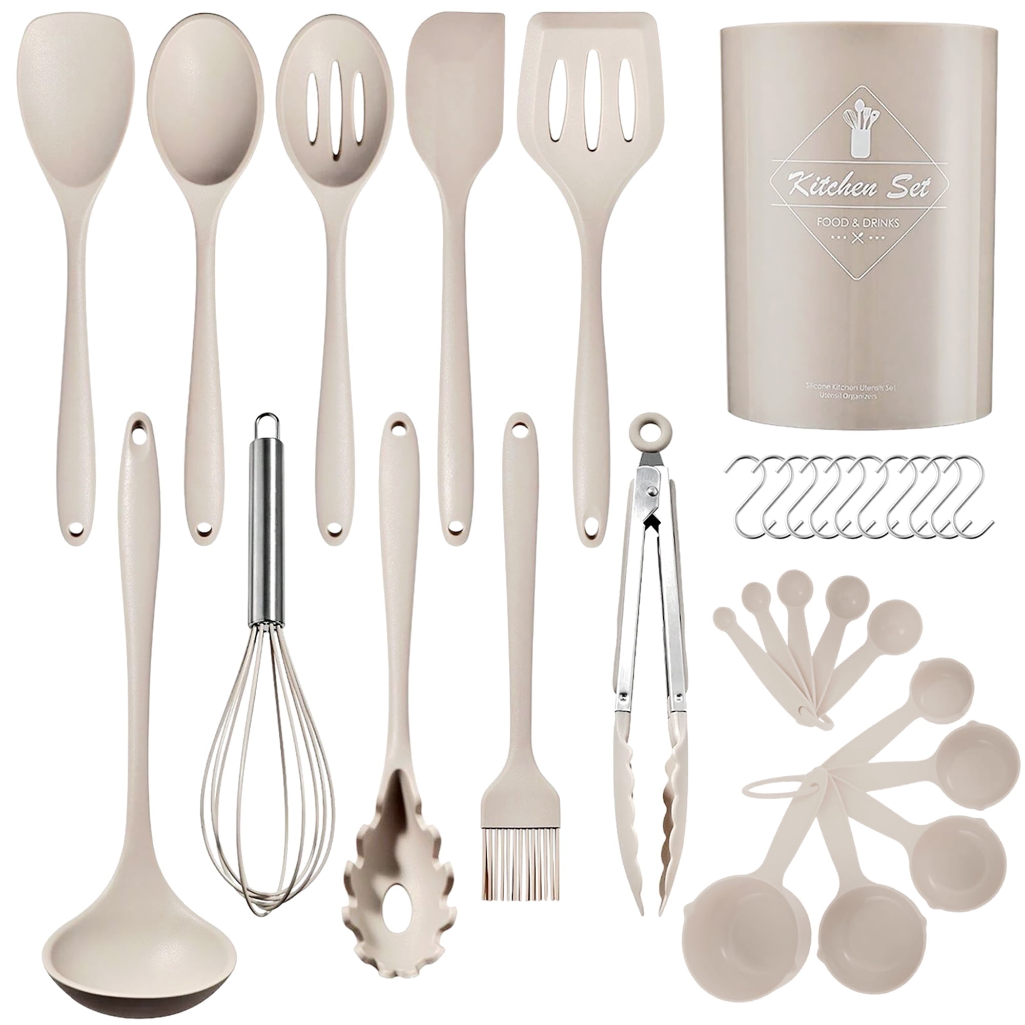 YUOFD 21PCS Silicone Cooking Utensils Set with Holder, Heat Resistant to 428°F, BPA-Free Kitchen Tools for Nonstick Cookware, Khaki