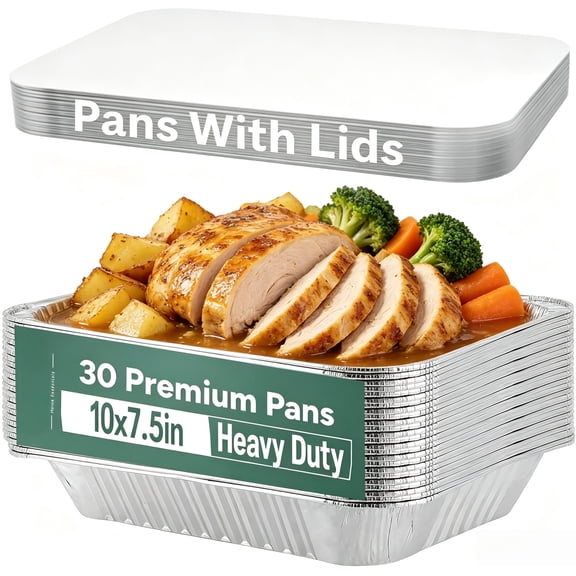 YUOFD 30 Pack Aluminum Pans Disposable Foil, Heavy Duty Foil Pans with Lids 10.24*7.5in Tin Pans Disposable Food Containers for Baking, Cooking, Heating, Storing and Food Prepping