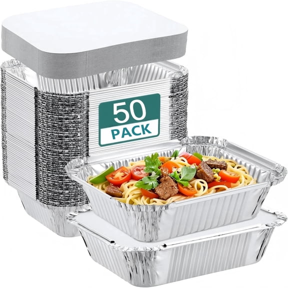 YUOFD Aluminum Pans with Lids (50Pack, 8.6"6.3") Foil Food Containers with Lids, Heavy-Duty, Small, Aluminum, Disposable Tin Foil Pans - for Baking, Meal Prep, Freezer& Takeout Needs!