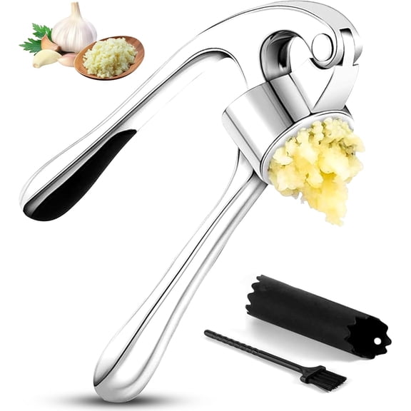 YUOFD Stainless Steel Garlic Press, Heavy-Duty Garlic Crusher with Extended Handle for Easy Mincing, Kitchen Tool
