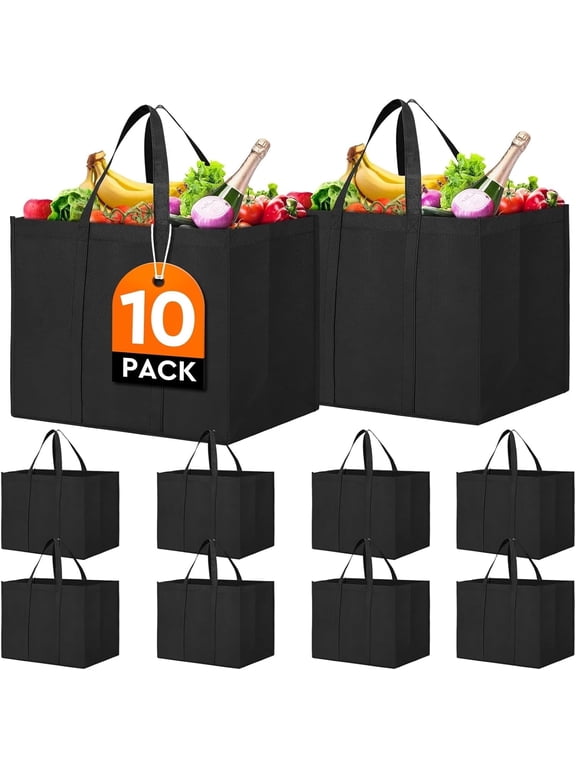 Heavy Duty Foldable Reusable Grocery Shopping Bags 10 Pack - Large Reusable Storage Totes with Reinforced Handles, Eco-Friendly Grocery & Cloth Carriers,Black