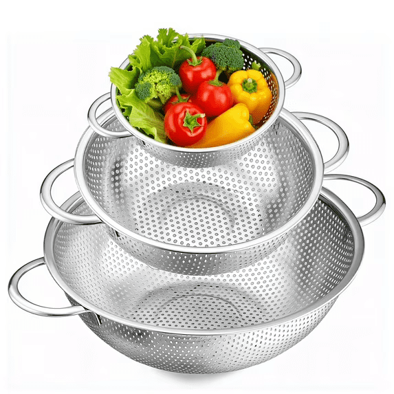 YUOFD Stainless Steel Colander Set of 3(1-3-5quart), Mesh Colanders & Food Strainer, Metal Strainers and Colanders With Handles For Kitchen/Draining Pasta/Rinsing Vegetables Fruits