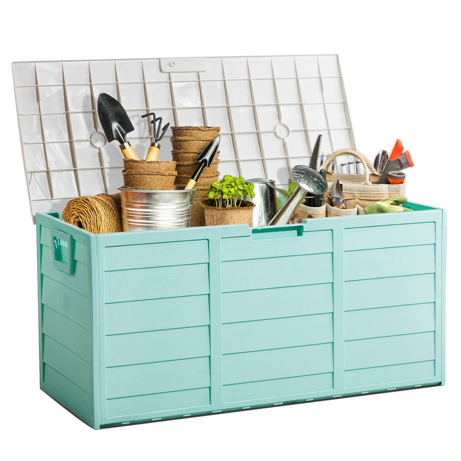 YUONAO 75 Gallon Garden Storage Box with Wheels, Green Outdoor Tool Chest \u0026 Cushion Organizer for Patio, Deck, Poolside
