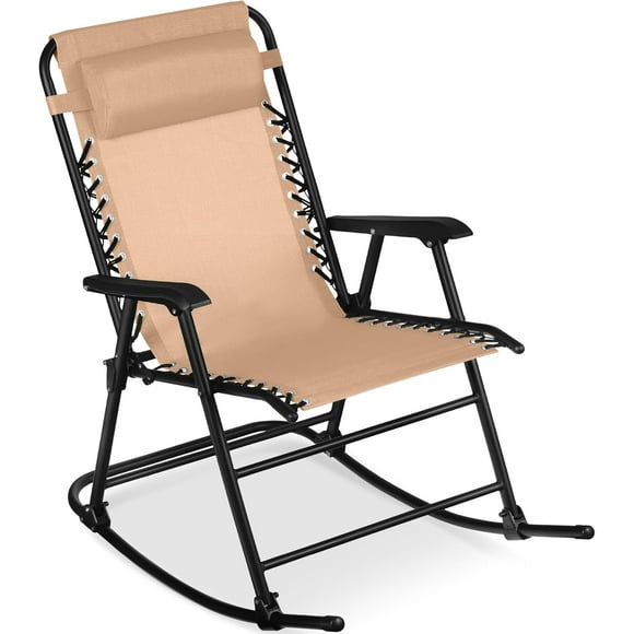 YUONAO Outdoor Folding Rocking Chair, Zero Gravity Lounge Chair with Headrest Pillow – Portable Patio Rocker for Deck, Garden, Beach, Backyard - Beige