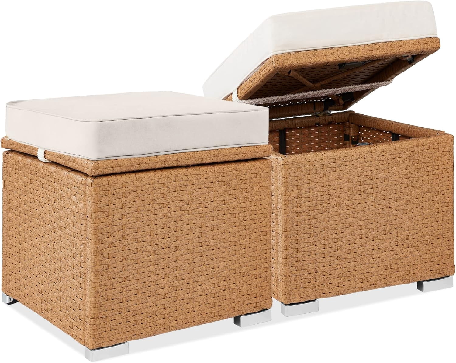 YUONAO Set of 2 Outdoor Wicker Ottomans with Removable Cushions, Patio Rattan Footrest Side Table with Hidden Storage, Weather-Resistant Seating for Backyard, Porch or Balcony - Natural/Ivory - Walmart.com