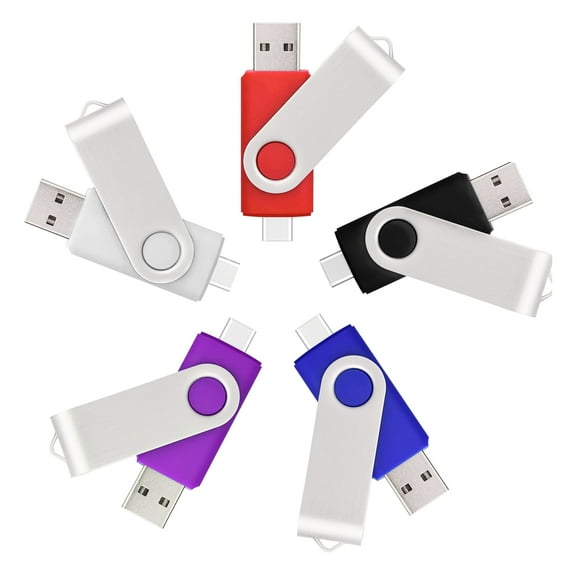 YUOY USB 2.0 Flash Drive Swivel USB-A & Type-C, 16GB Thumb Drive Wide Compatibility for Smartphones, Tablets, Laptops & More, 5 Pack Memory Stick
