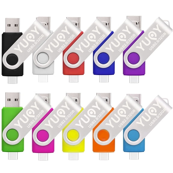 YUOY USB 2.0 Flash Drive Swivel USB-A & Type-C, 32GB Thumb Drive Wide Compatibility for Smartphones, Tablets, Laptops & More, 10 Pack Memory Stick