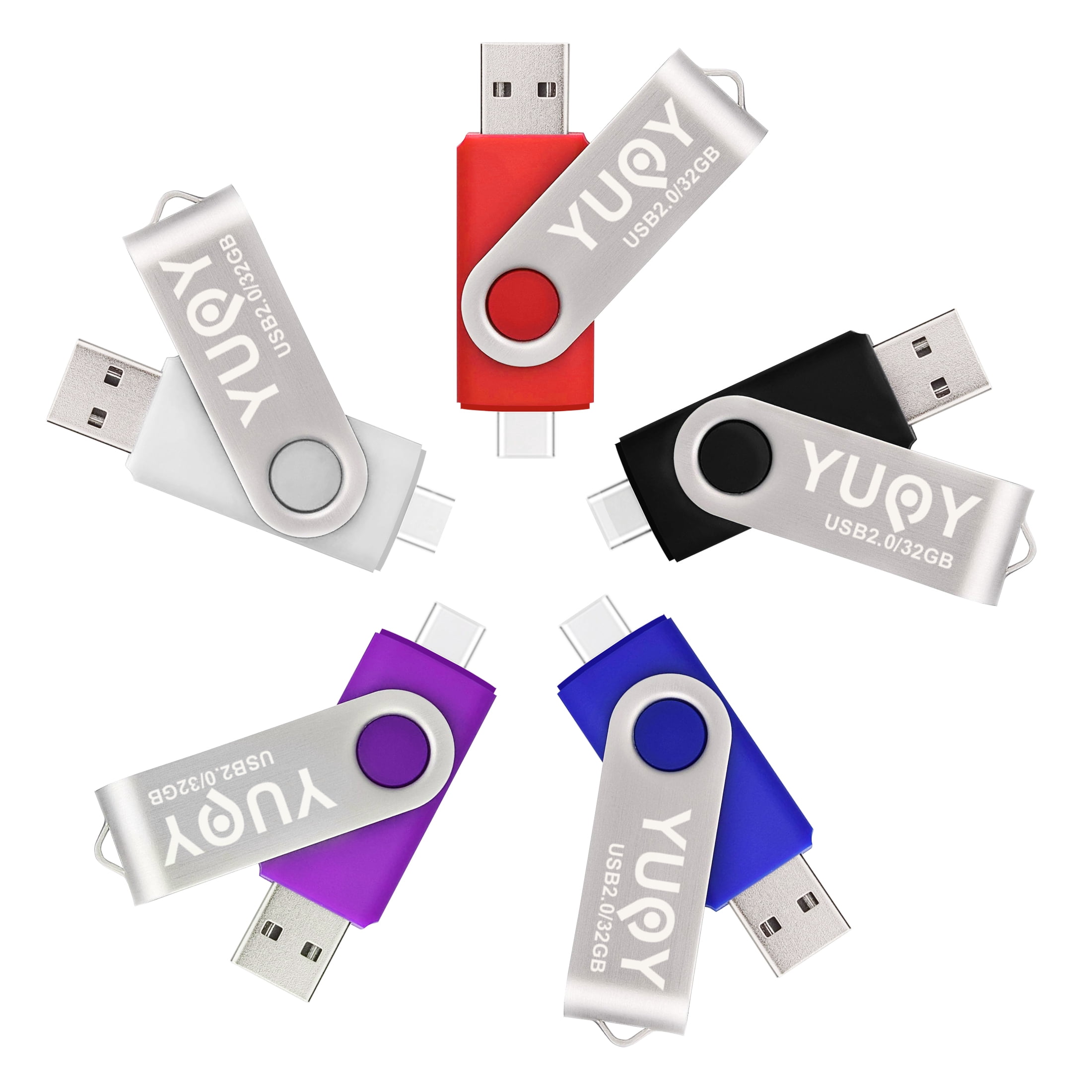 YUOY USB 2.0 Flash Drive Swivel USB-A & Type-C, 32GB Thumb Drive Wide Compatibility for Smartphones, Tablets, Laptops & More, 5 Pack Memory Stick