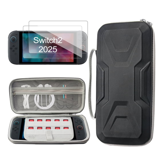 YUOY Carrying Case for Nintendo Switch 2 (2025) – Protective Travel Handbag with 2 HD Screen Protectors, 10 Game Card Slots, Hard Shell & Soft Interior (Black)