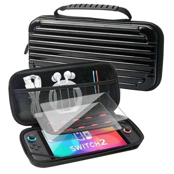 YUOY Carrying Case for Nintendo Switch 2 (2025) – Protective Travel Handbag with 2 HD Screen Protectors, 10 Game Card Slots, Hard Shell & Soft Interior (Black)