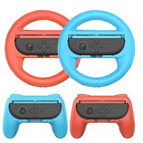 YUOY Joy-Con Grip (2 Pack) & Steering Wheel (2 Pack) for Nintendo Switch 2 - Family Sports Party Accessories Set (Red&Blue)
