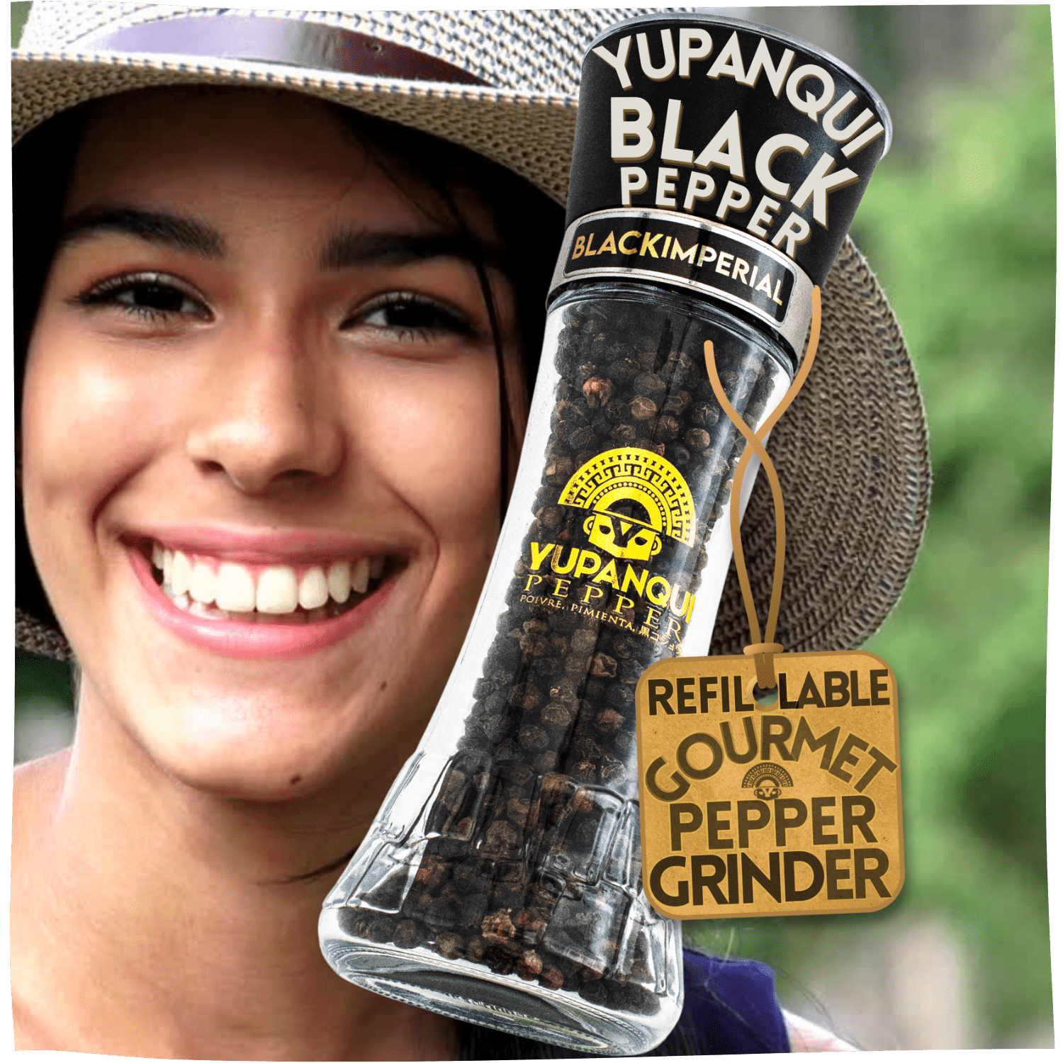 YUPANQUI Refillable Black Pepper Grinder 3.5oz Gourmet Organic Black Peppercorns for Cooking Flavor
