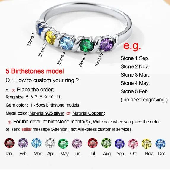YUPPOLKR 925 Sterling Silver 1-5pcs Birthstones Ring for Woman Promise Engagement Wedding Custom Family Jewelry Gift Mother Grandma