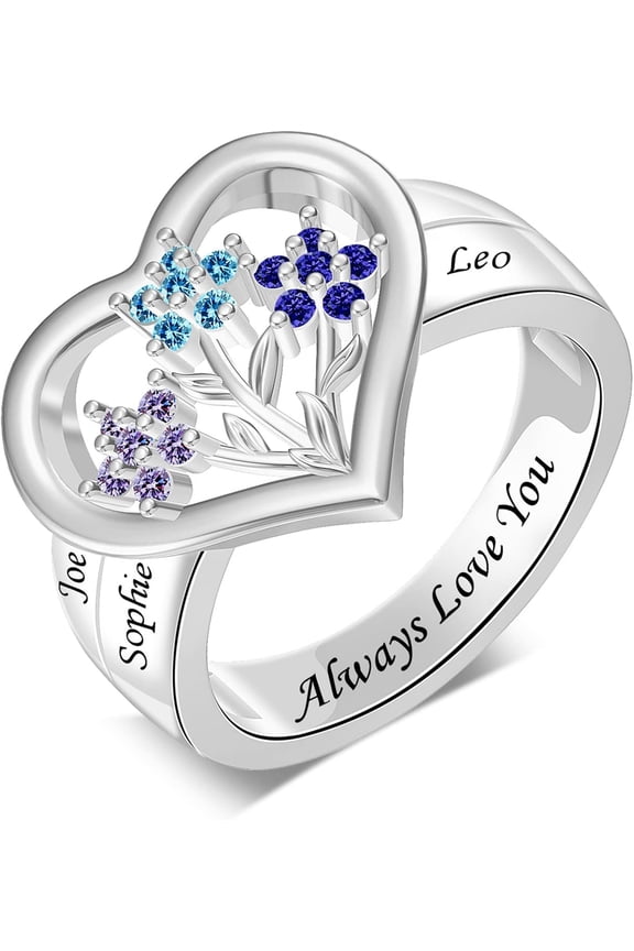 925 Sterling Silver Mother Rings Personalized Birthstones Ring for Mom Women Name Engraving Flower Rings Mother’s Day Jewelry Gifts for Grandma Wife