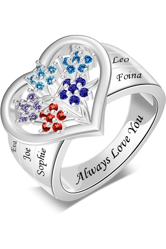 925 Sterling Silver Mother Rings Personalized Birthstones Ring for Mom Women Name Engraving Flower Rings Mother’s Day Jewelry Gifts for Grandma Wife