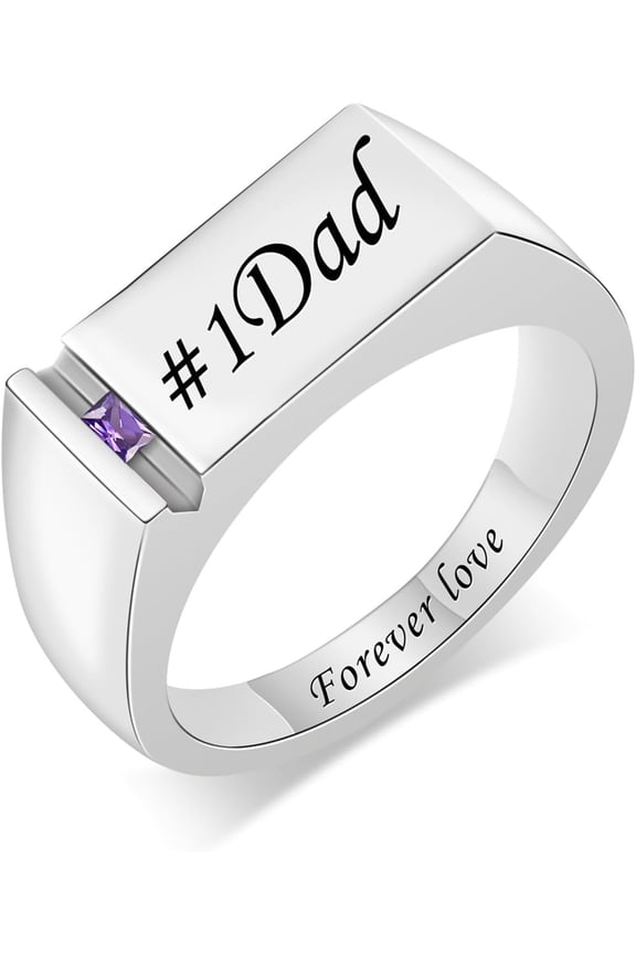 Custom Dad Ring with Birthstone for Men Sterling Silver Personalized Name Engraving Rings Cubic Zirconia Ring Jewelry Birthday Father’s Day Gifts For Husbands Dad Father Men