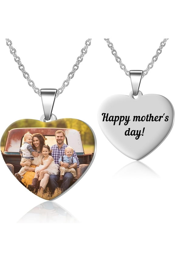 Custom Picture Necklace Personalized Photo Necklace Engraved Heart Necklace with Photo Text, Customized Picture Necklaces for Women Men, Memorial Gifts for Mothers Day