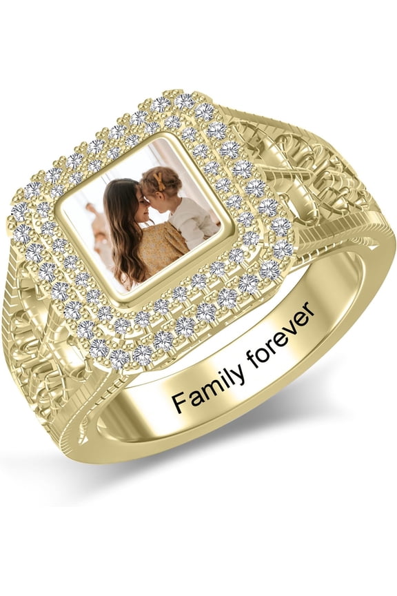 Customized Photo Ring Square/Heart Chunky Band Ring 925 Sterling Silver Personalized Picture Ring Promise Rings Anniversary Jewelry Gift For Her Women Inside Engraving