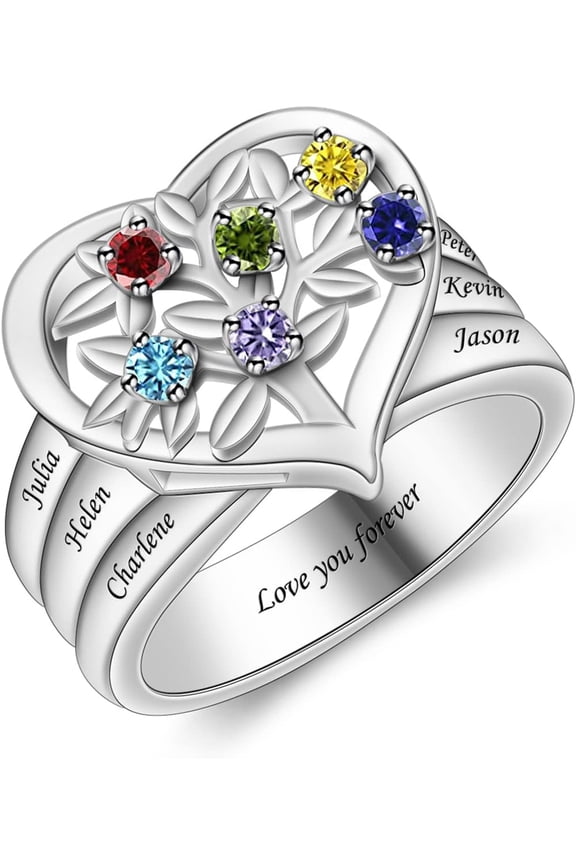 Family Tree Ring Personalized Mother Ring 1-8 Birthstones Heart Rings Tree of Life Rings for Women Birthday Gift for Mom Grandmother Wife Girlfriend
