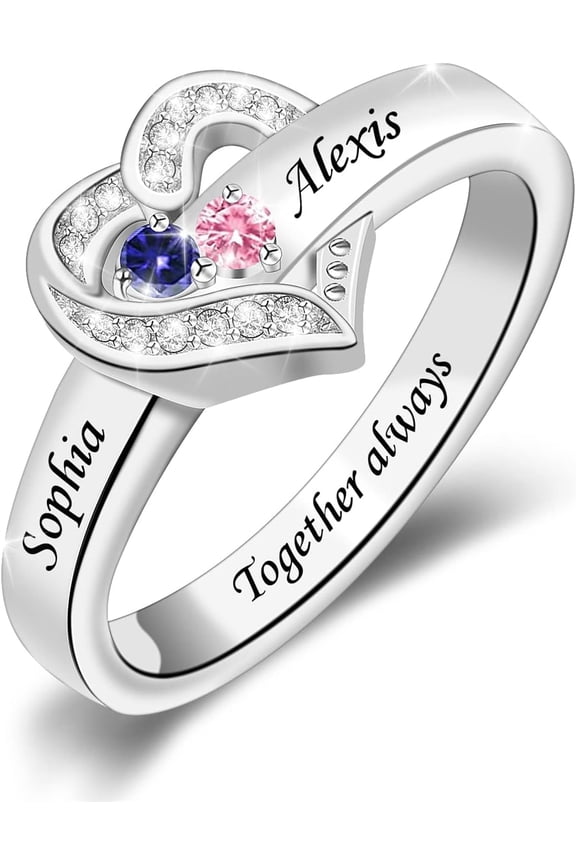 Her Gift Personalized Mother Rings with 1-8 Birthstones Heart Family Ring Custom Engraved Name Ring for Mom Women Grandma Wife