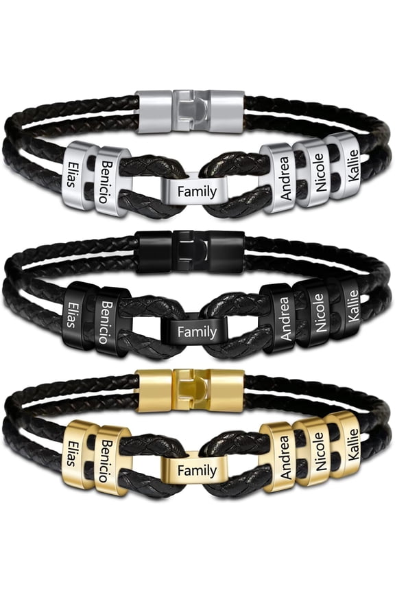 His Gift Custom Men Leather Bracelet with 2-9 Names Personalized Engraved Mens Bracelet Family Name Bracelet for Father Grandpa Husband