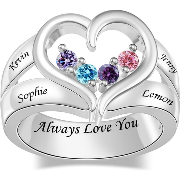 YUPPOLKR Personalized 1-8 Birthstone Rings for Women 925 Sterling Silver Mothers Ring Custom Heart Ring Mothers Day Birthday Gifts for Mom Grandma