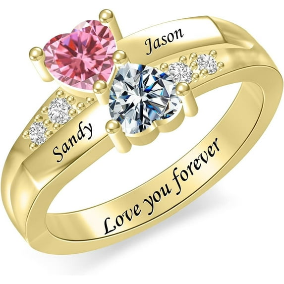 YUPPOLKR Personalized Couple 2 Birthstones Rings Custom Heart Ring for Couple Name Engraving Promise Ring 925 Sterling Silver Engagement Ring for Women Valentines Day Gifts for Wife Girlfriend