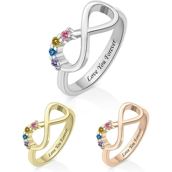 YUPPOLKR Personalized Mother Ring with 1-9 Birthstones Infinity Forever Mothers Ring Custom Birthstone Engraved Name Rings for Women Wife Grandma (4 Birthstones)