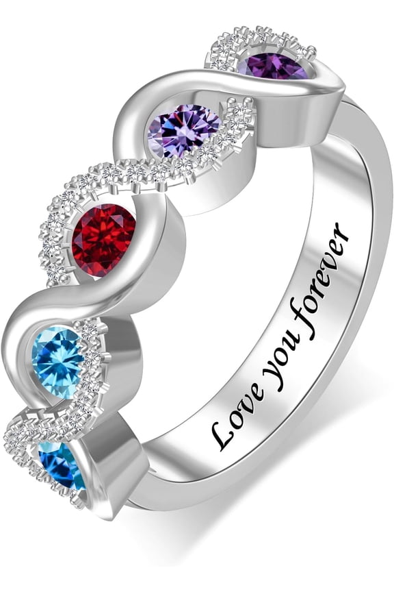 Personalized Mother Ring Birthstone Ring for Women Sterling Silver with Engraving Customized Cubic Zirconia Ring Jewelry Gift for Wife Mom Grandmother