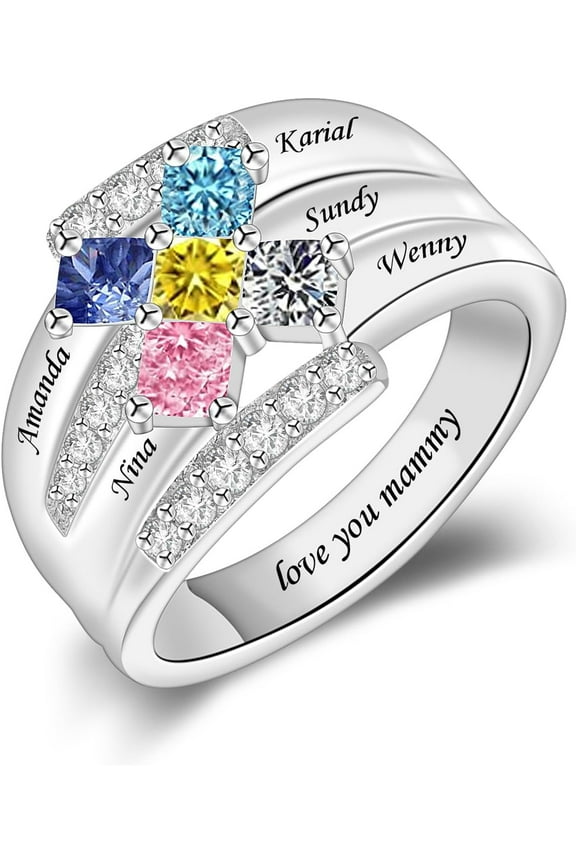 Personalized Mothers Ring with 1-9 Birthstones for Mom Custom Engraved Name Ring for Women Sterling Silver Promise Rings for Her Family Ring for Wife Grandmother Jewelry Gifts
