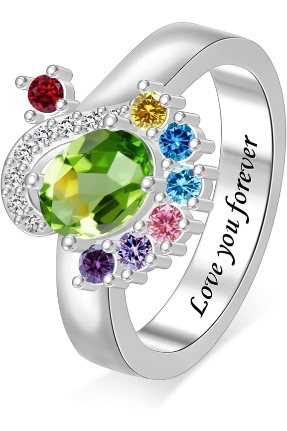 Personalized Mothers Ring with 1-9 Birthstones Sterling Silver Engraved Size 5-12 Mother’s Daughter Grandma Ring Customized Anniversary Promise Rings for Grandma Women Wife